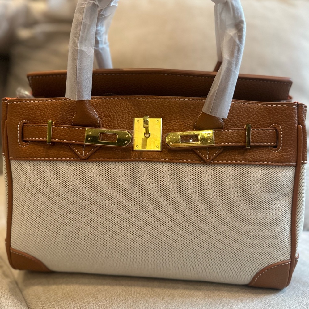 Elegant Brown and Cream Handbag wirkin faux birkin